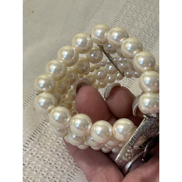 VTG Faux Pearl Bracelet 4 Strand Mermaid Rhinestone Silver - Picture 5 of 8